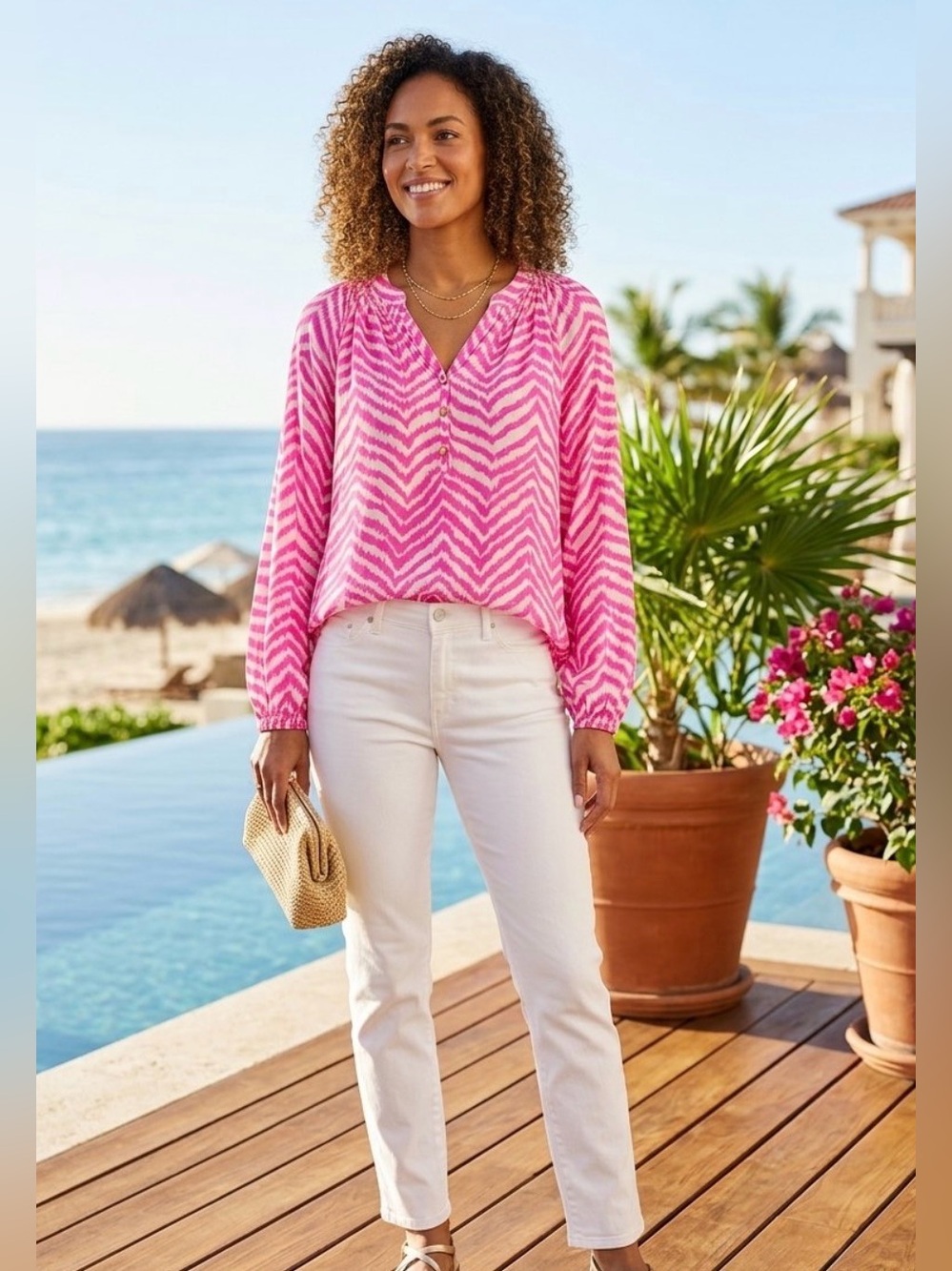 Lilly Pulitzer Elsa Silk Blouse Pink White Chevron Ikat Show Your Stripes XL